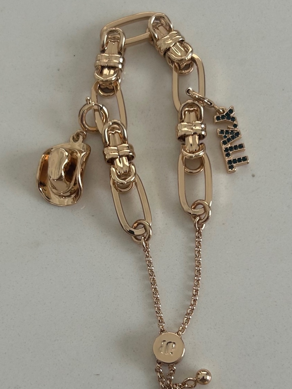 Bomb Party Gold Tone Link Bracelet with removable Cowboy Hat & Y’ALL Charm NEW